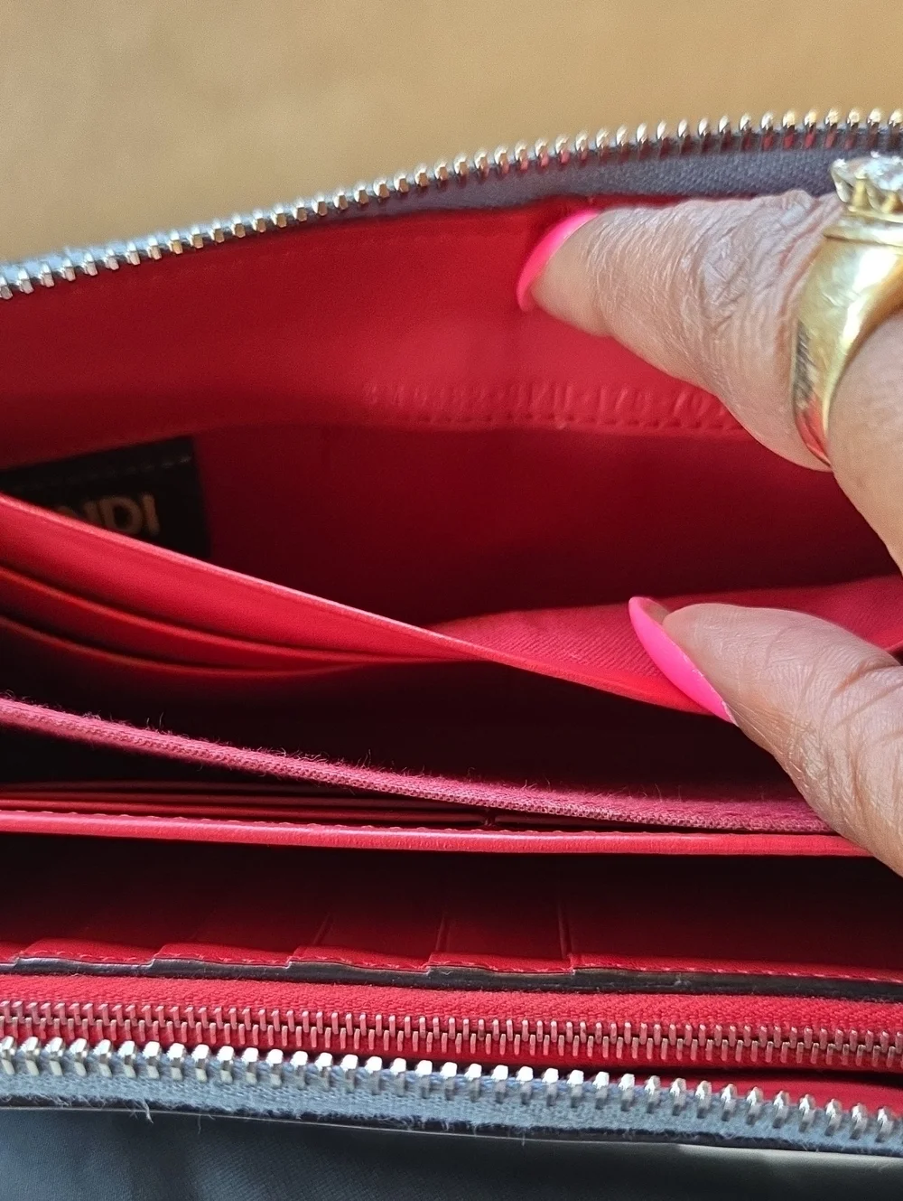 Fendi Light Gray Leather Zip Wallet with Coral Accent Button